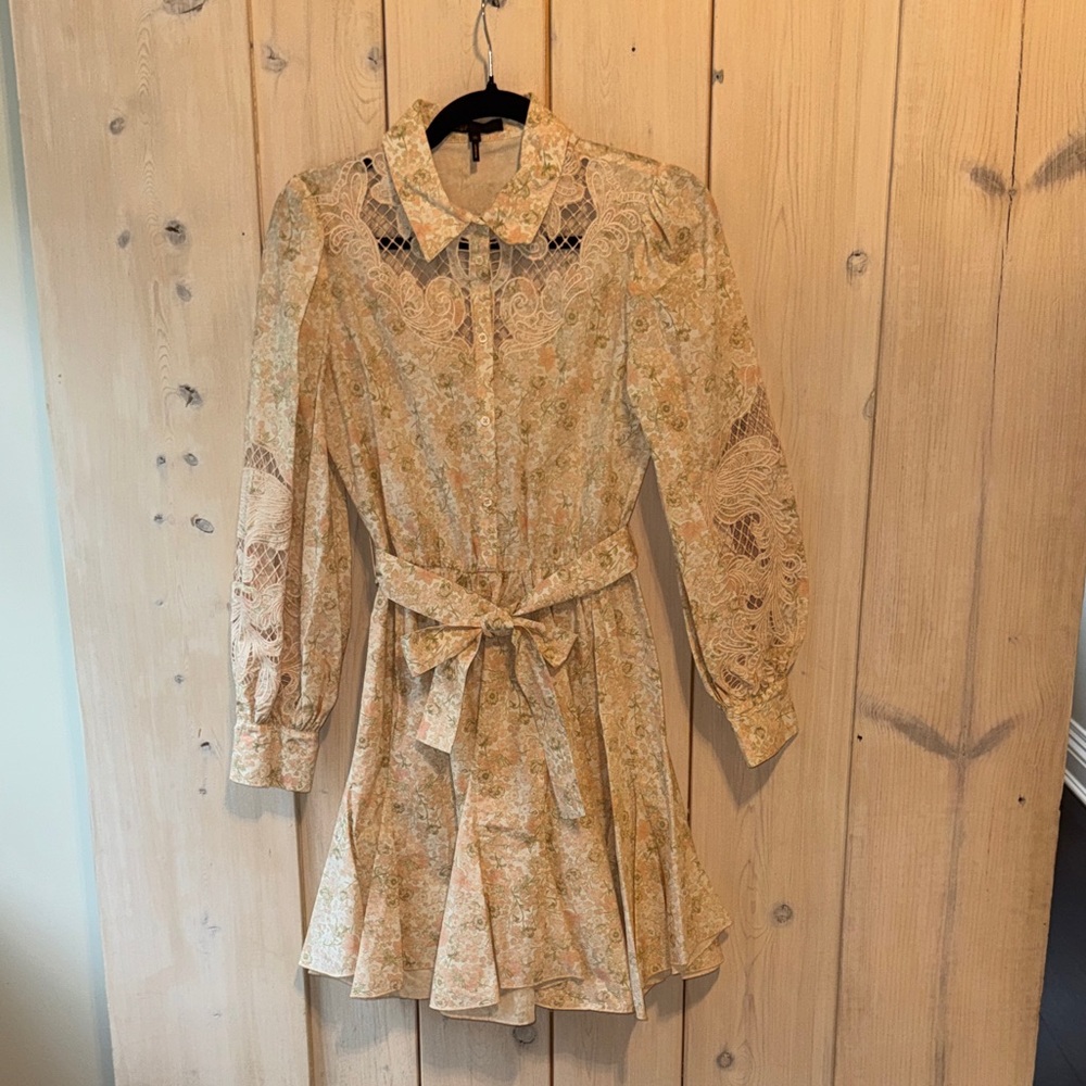 Maje Beige Floral Lace-Detail Long Sleeve Shirt Dress